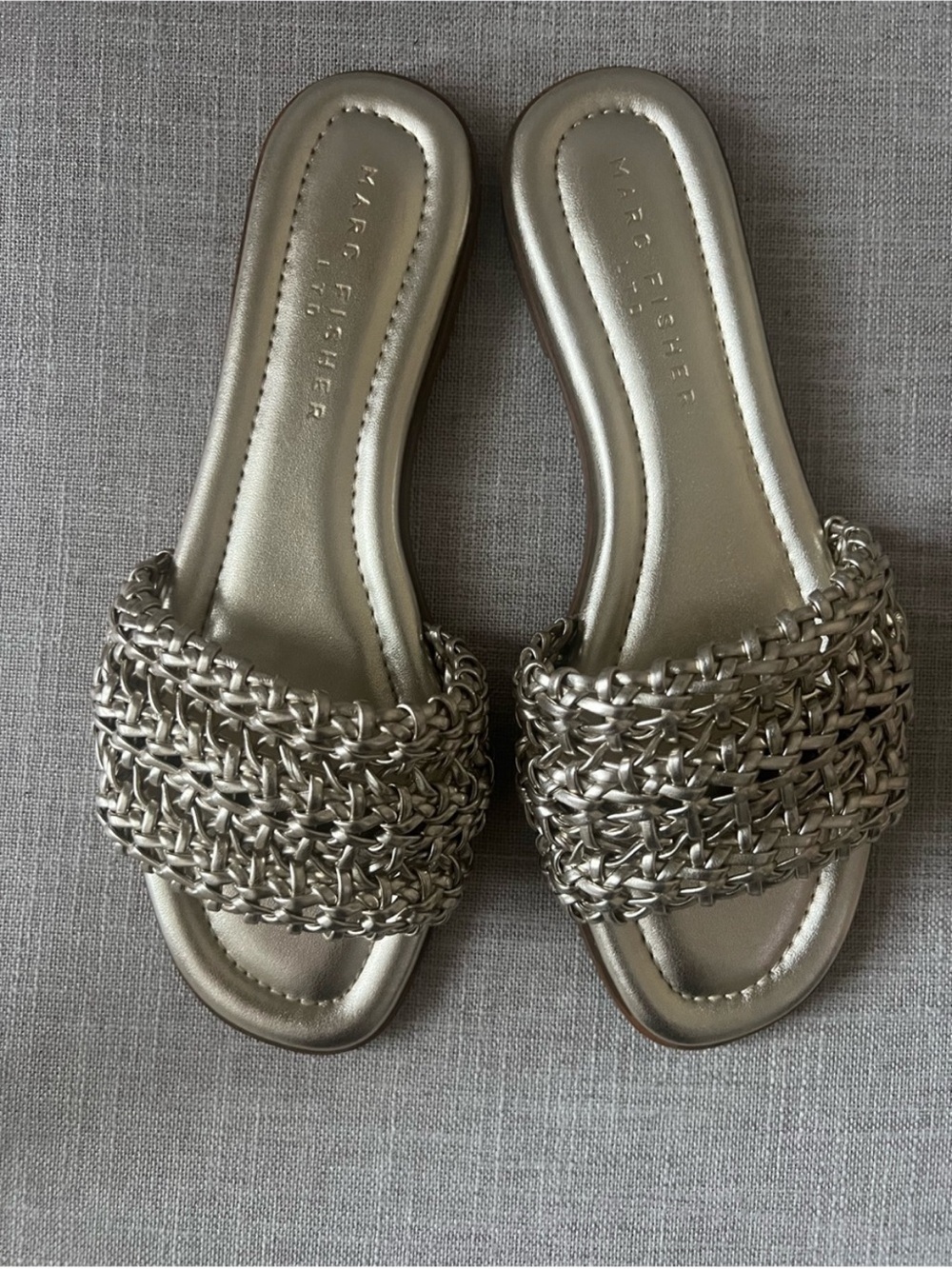 Marc Fisher Metallic Gold Sandals, size 9, slip on woven luxury resort wear
